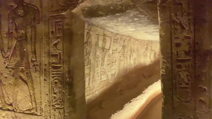 Wall paintings and hieroglyphs of the ancient Egyptian temple of Abu Simbel, a rock in Nubia, Egypt