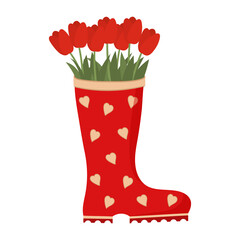 Pair of red rain boots with hearts and red tulips bouquet. Cute gumboots. Wellingtons. Spring illustration. Isolated flat vector illustration on white background