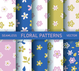 Set of seamless vector floral patterns. Collection of flowers backgrounds for design, fabric, textile etc.