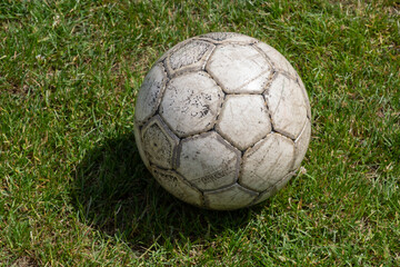 Soccer ball on green grass of football field with copy space