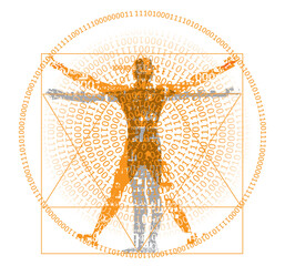 Vitruvian man with binary code, modern variation on the famous symbol.
Stylized drawing of vitruvian man with spiral of binary codes. Vector available.