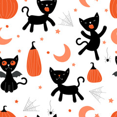 Fototapeta premium Seamless pattern with the Halloween holiday. Funny black cats, pumpkins, spider webs, moon and stars. Vector graphics.