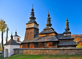 Fototapeta premium Wooden church of the protection of the Mother of God in Owczary, Lesser Poland Voivodeship, Poland.