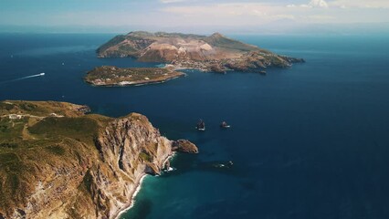 Aeolian Islands. Aerial shot of Lipari flying towards Vulcano