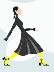 Raster graphics - A beautiful female supermodel walks down the catwalk in a black dress, yellow stockings and high-heeled shoes isolated. Concept fashion show