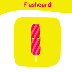 Cute strawberry lollipop ice cream flashcards. Colorful printable flashcards. Vector illustration.