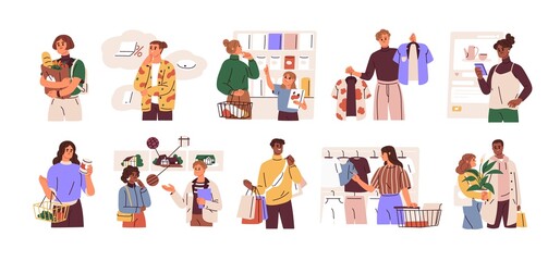 Fototapeta premium People shoppers choosing goods in retail stores set. Customers deciding what to buy. Buyers making different purchases, clothes, food. Flat graphic vector illustrations isolated on white background