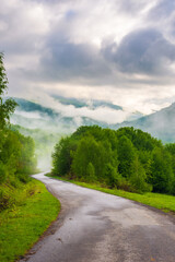 Fototapeta na wymiar dramatic foggy weather in spring. carpathian countryside landscape in mountains. asphalt road winding through forest