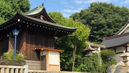 The green roof traditional shrine house of Japan, “Gojyoten Jinjya”, clear blue sky June 10th year 2022