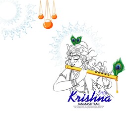 illustration of happy Janmashtami, Lord Krishna in Janmashtami festival of India with hindi calligraphy poster,card background.