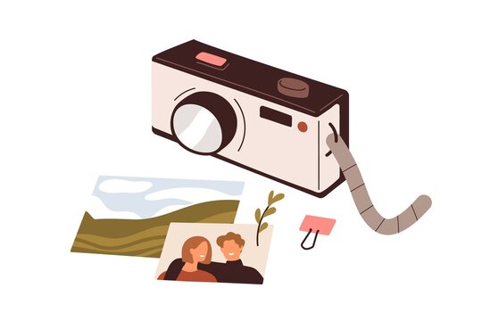 Photo camera, pictures composition. Photographs images and photographic equipment. Creative hobby, photography art concept. Memory shots. Flat vector illustration isolated on white background