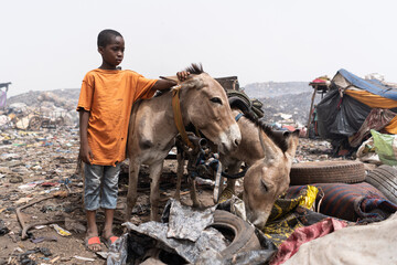 Lonely small African boy standing with garbage carrying donkeys posing on a huge waste dump in the African capital Bamako, in Mali.