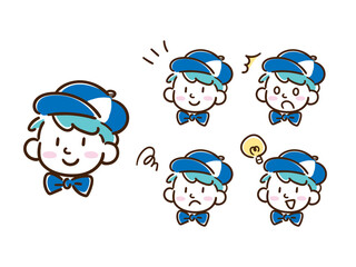 愉快な制服を着る男性スタッフの表情イラストセット