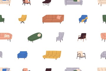 Sofas, armchairs pattern. Seamless background with retro-styled lounge furniture. Repeating print design with trendy mid-century couches, divans, chairs. Colored flat graphic vector illustration