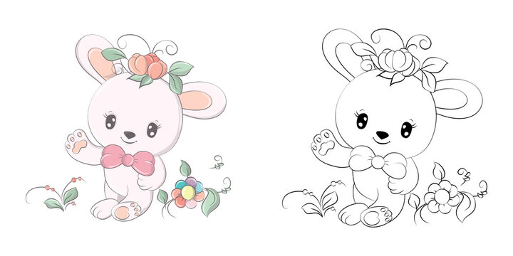 Cute Bunny Clipart for Coloring Page and Illustration. Happy Clip Art Bunny with Flowers on his Head. Vector Illustration of an Animal for Stickers, Prints for Clothes, Baby Shower, Coloring Pages