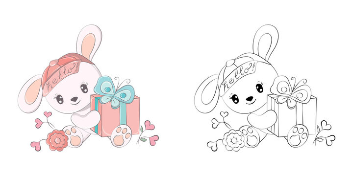 Clipart Rabbit Multicolored and Black and White. Cute Clip Art Rabbit with a Gift. Vector Illustration of an Animal for Stickers, Baby Shower, Coloring Pages, Prints for Clothes.