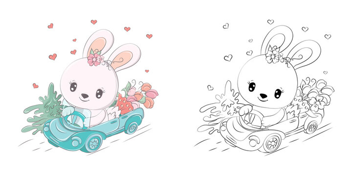 Cute Bunny Clipart Illustration and Black and White. Funny Clip Art Bunny Driving a Car. Vector Illustration of an Animal for Coloring Pages, Stickers, Baby Shower, Prints for Clothes