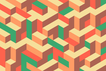 Retro green and red isometric mosaic shapes pattern background in vintage geometric style