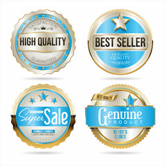 Collection of silver and gold badges on white background