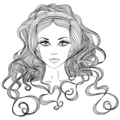 Portrait of a girl with long hair. Vector illustration in sketch line art style isolated on white. Close up woman fashion sketch.