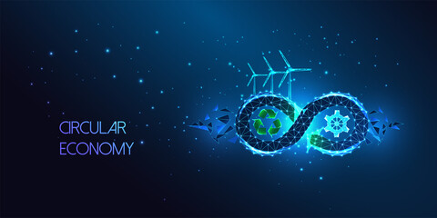Concept of circular economy with infinity loop, wind turbines, recycle sign, gear on blue background - obrazy, fototapety, plakaty