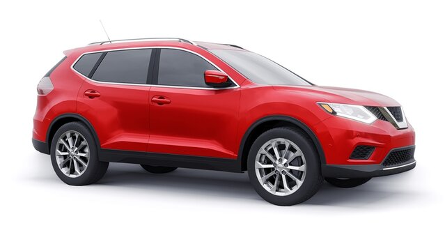 Tokyo. Japan. January 21, 2022. Nissan X-Trail red mid-size family urban SUV car on white background. 3D rendering.