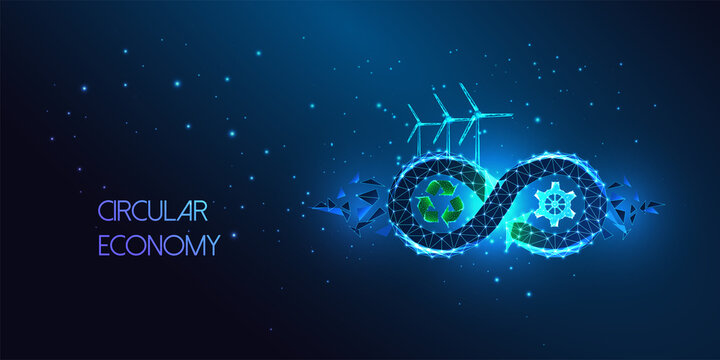 Concept of circular economy with infinity loop, wind turbines, recycle sign, gear on blue background