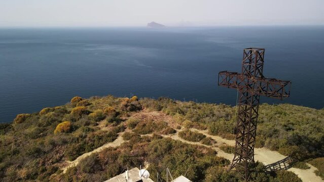 Aeolian Islands. Lipari town aerial view with drone overlooking Canneto Beach, Lipari city centre and Vulcano