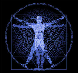 Vitruvian man with binary code, modern variation on the famous symbol.
Stylized drawing of vitruvian man with spiral of binary codes on black background.