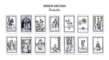 Tarot  Minor Arcana vector set Pentacles (part1) . Hand drawn illustration - obrazy, fototapety, plakaty