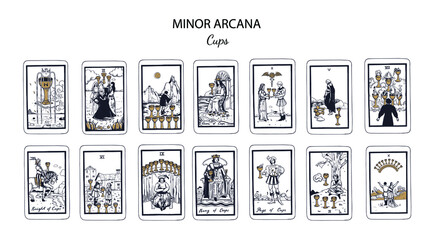 Tarot  Minor Arcana vector set Cups (part1) . Hand drawn illustration - obrazy, fototapety, plakaty