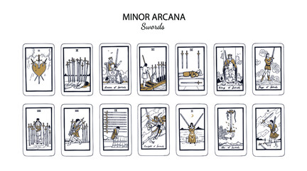 Tarot  Minor Arcana vector set Swords (part1) . Hand drawn illustration - obrazy, fototapety, plakaty