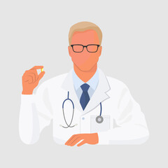 Vector of medicine icons doctor. Image of a doctor man with a pill, stethoscope and glasses.