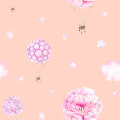 Watercolor baby seamless pattern with pink hot air balloon flowers, clouds and stars