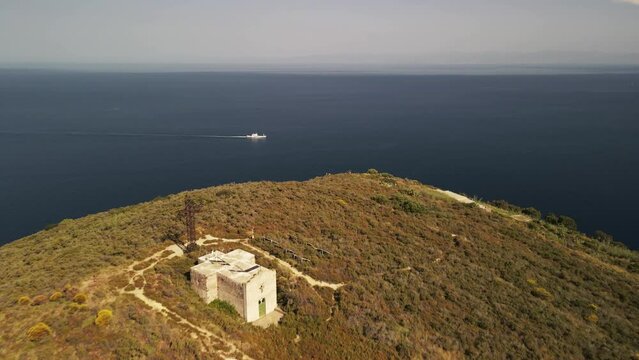 Aeolian Islands. Lipari town aerial view with drone overlooking Canneto Beach, Lipari city centre and Vulcano