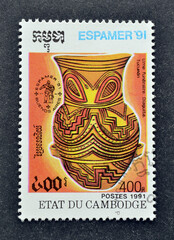 Cancelled postage stamp printed by Cambodia, that shows Diaguita Ccremation Urn, Tucumán,...