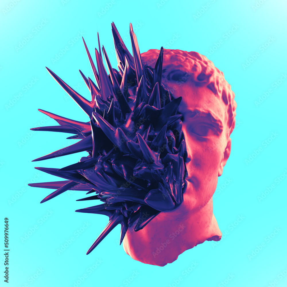 Poster abstract illustration from 3d rendering illustration of marble classical sculpture head with colorfu