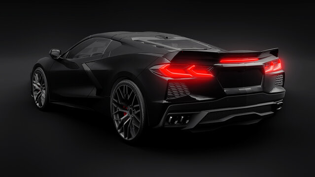 Dallas. USA. July 31, 2021. Chevrolet Corvette C8. Super sports car on a black background. 3d illustration.