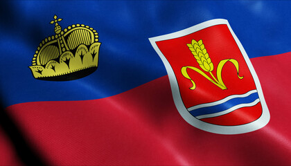 3D Waving Liechtenstein City Flag of Ruggell Closeup View