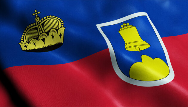 3D Waving Liechtenstein City Flag of Triesenberg Closeup View