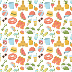 Cartoon summer beach and sea holiday elements seamless pattern. Summer shorts, hat, cold drinks, fruits. Great for wallpaper, and print. Isolated on white background.