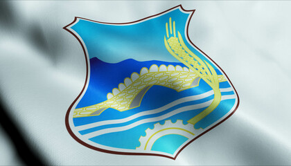 3D Waving Kosovo City Flag of Vucitrn Closeup View