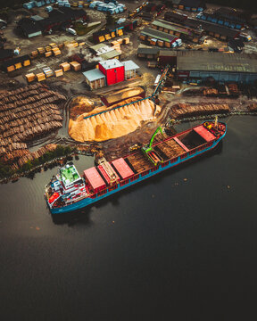 Aerial view of a wood container boat, near Stavanger, Norway.