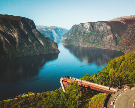 Aerial view of a lookout point over the fjord in Aurland, Norway.