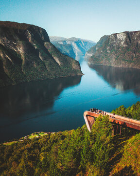 Aerial view of a lookout point over the fjord in Aurland, Norway.