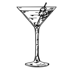 Martini glass with olives. Hand drawn alcohol cocktail. Hand drawn black color martini cocktail with olive. Vintage style. Vector illustration.