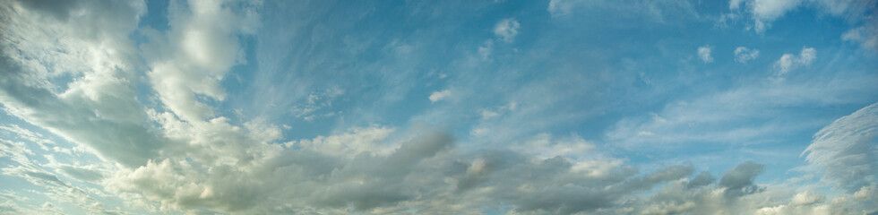 Air panorama of blue ozone sky with clouds, scene background