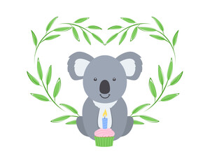 Cute koala with birthday cupcake on a white background with a heart of eucalyptus twigs. Adorable Australian animal. Vector Illustration for poster, greeting card, cover and printing on kids clothes