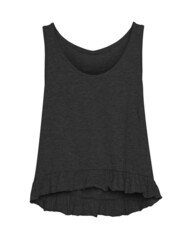 Black women summer blank sleeveless t-shirt with flounce isolated on white