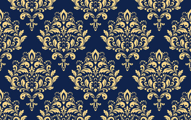 Fototapeta premium Floral pattern. Vintage wallpaper in the Baroque style. Seamless vector background. Gold and dark blue ornament for fabric, wallpaper, packaging. Ornate Damask flower ornament